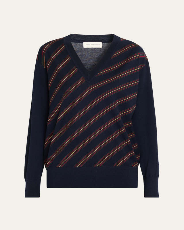 Tishana Striped V-Neck Wool Sweater